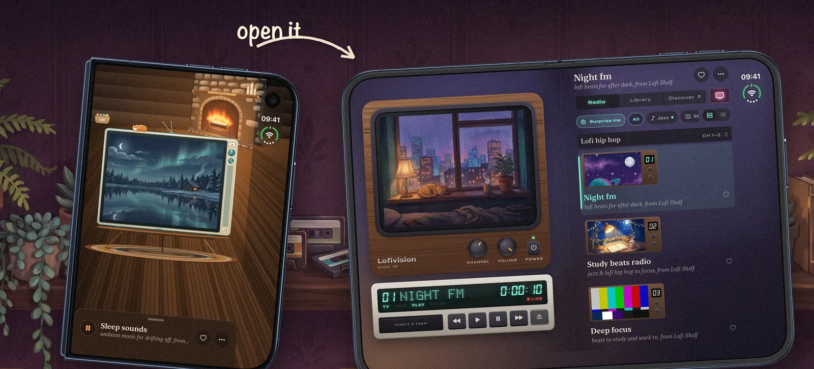 iPhone Duo closed, playing the Fireside TV, and open like a book with the walnut TV on the left page and the station list on the right.