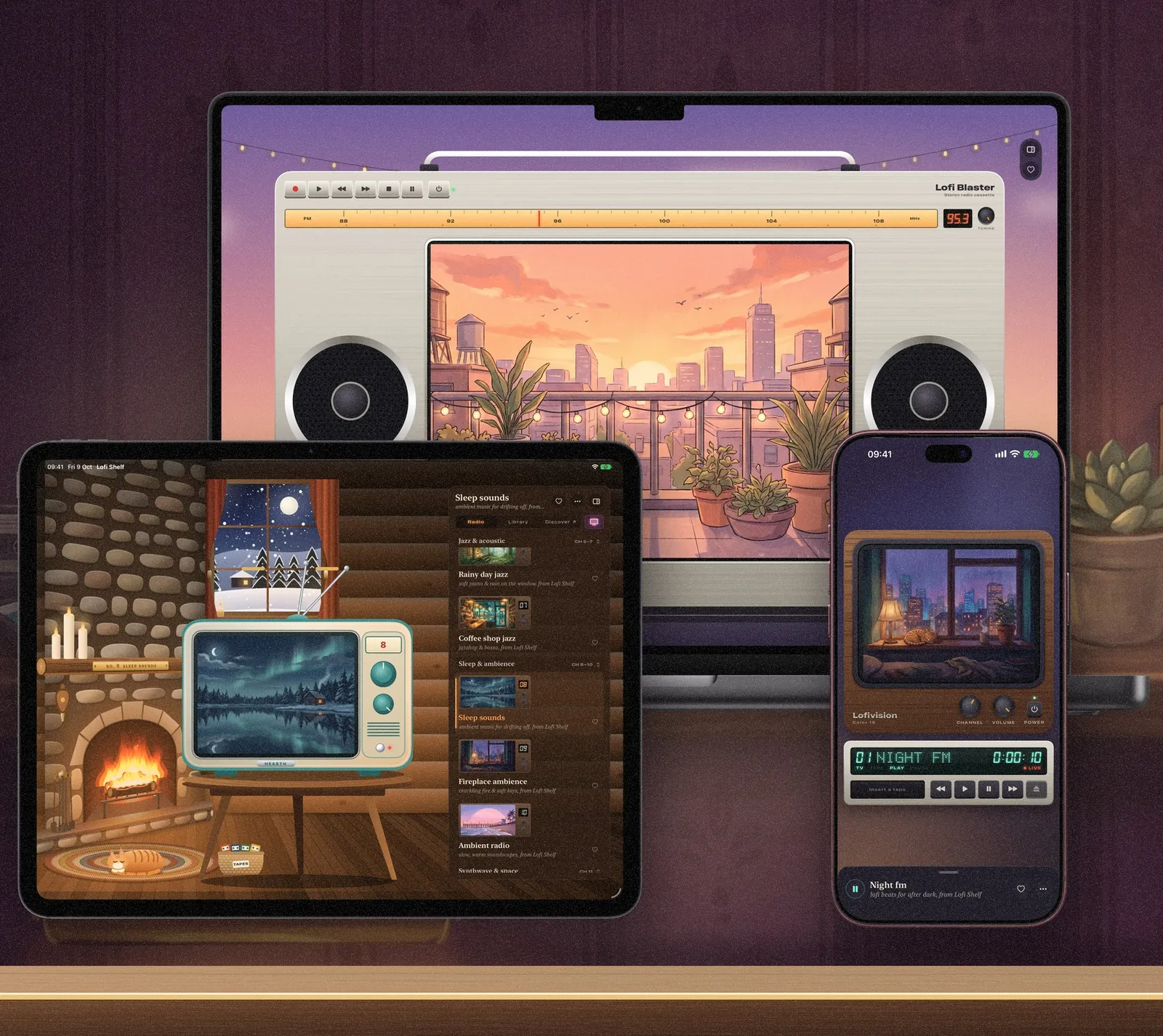 Lofi Shelf on a MacBook Pro showing the boombox, on an iPad showing the Fireside TV, and on an iPhone showing the walnut TV, standing together on a shelf.