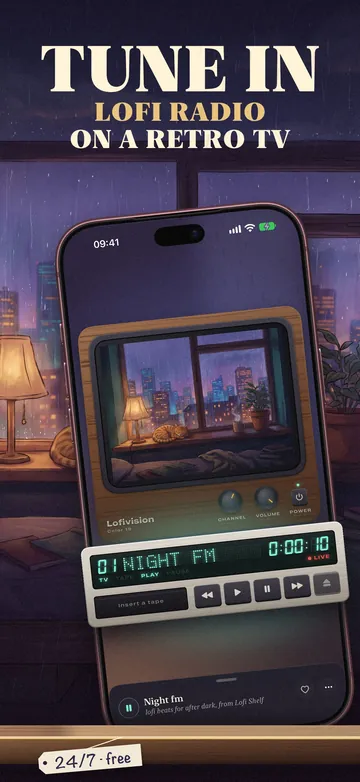 Tune in: lofi radio on a retro TV. The walnut TV and VCR playing Night FM on iPhone.