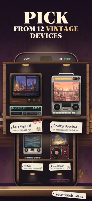 Pick from 12 vintage devices. The theme shop's lit shelf of devices on iPhone.