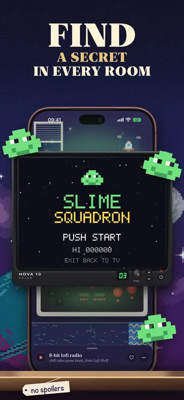 Find a secret in every room. The 8-bit console's TV running a hidden game.